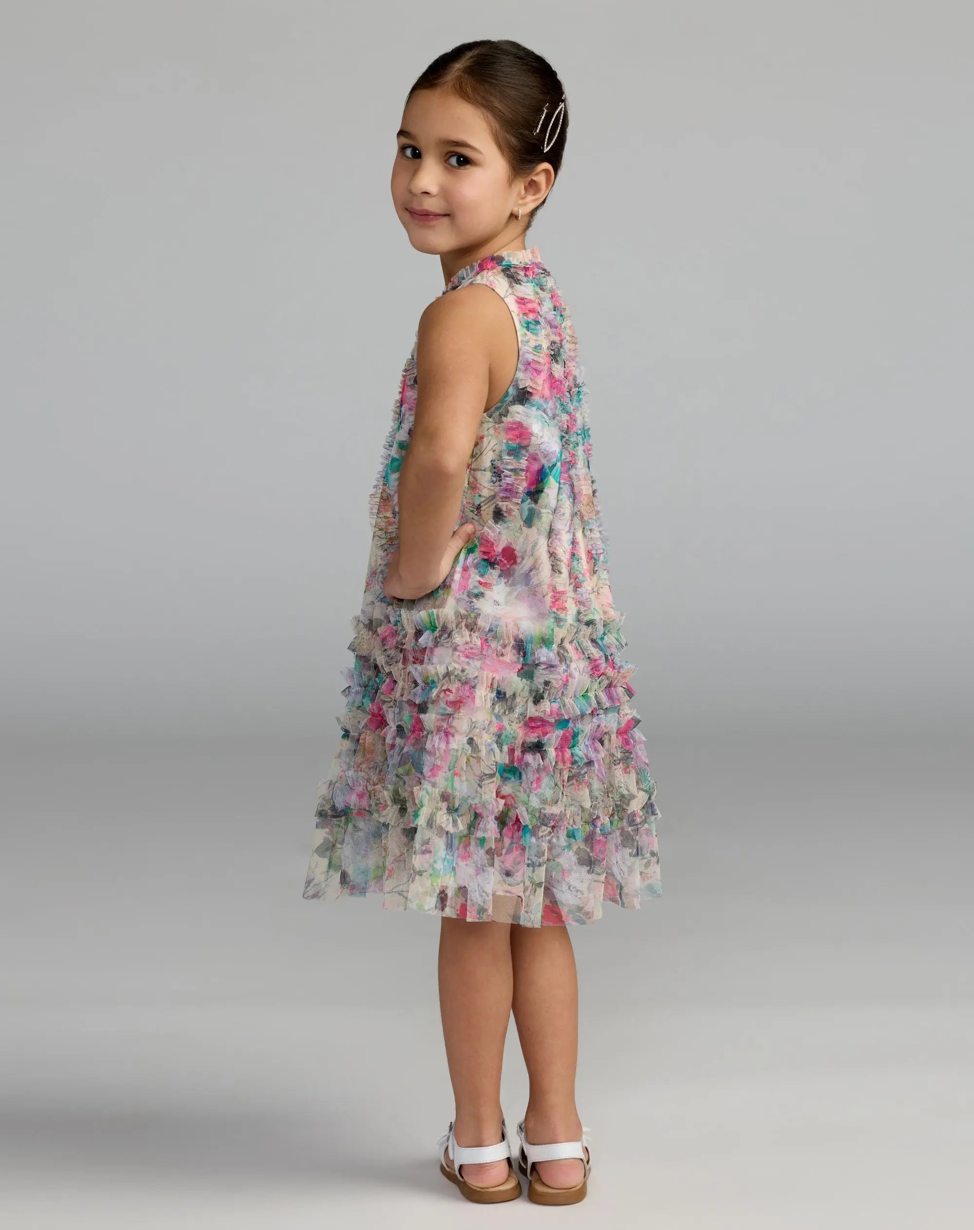 Girls Multicolor Floral Printed Ruffle Mini Dress - Image 3