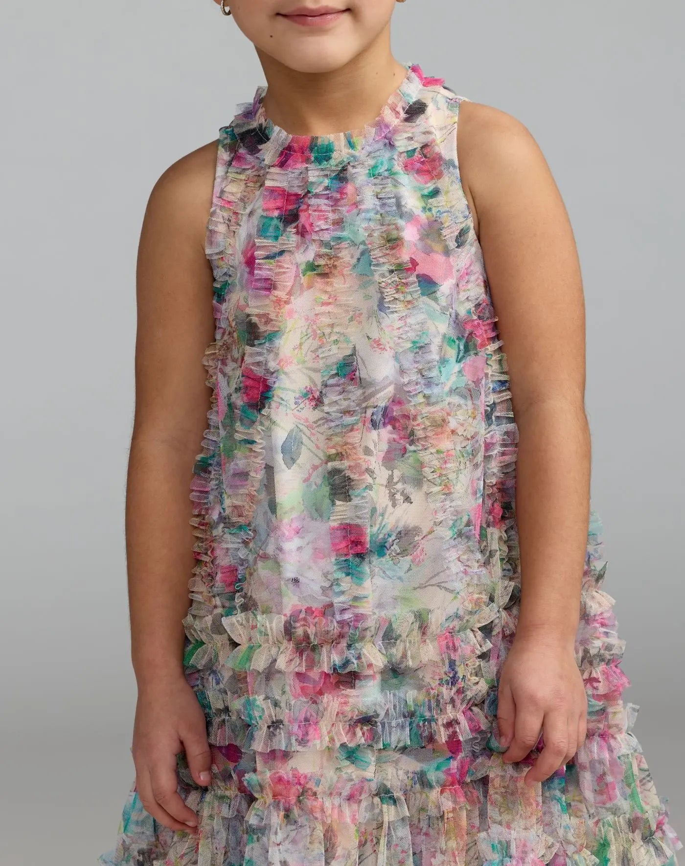 Girls Multicolor Floral Printed Ruffle Mini Dress - Image 2