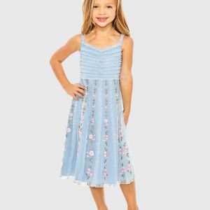 Girls Light Blue Ruffle Floral Embroidered Detail Mini Dress