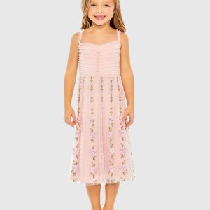 Girls Pink Ruffle Floral Embroidered Detail Mini Dress