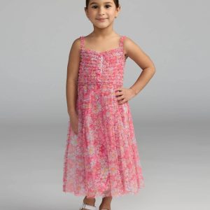 Girls Pink Floral Print Ruffle Mini Dress