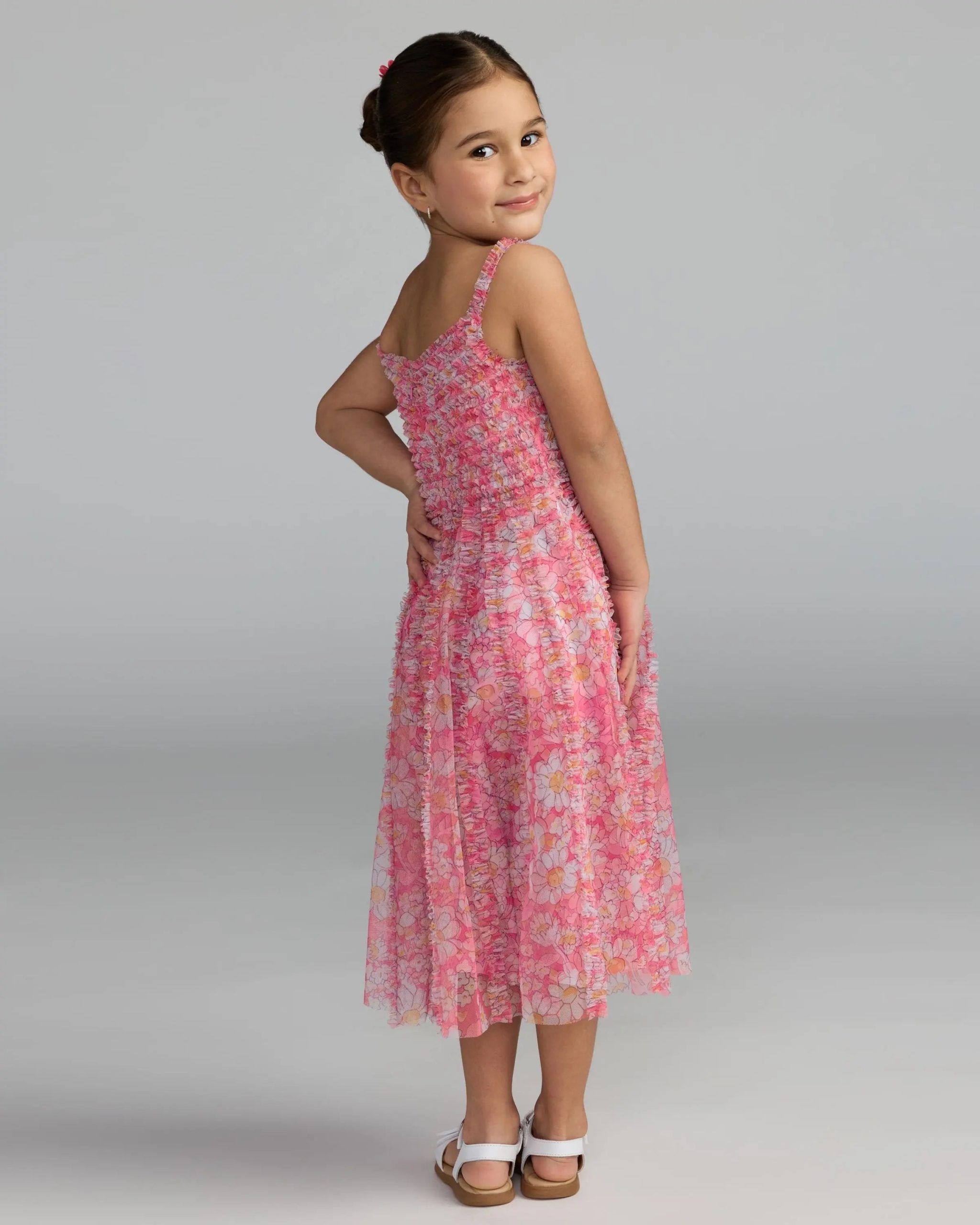 Girls Pink Floral Print Ruffle Mini Dress - Image 3