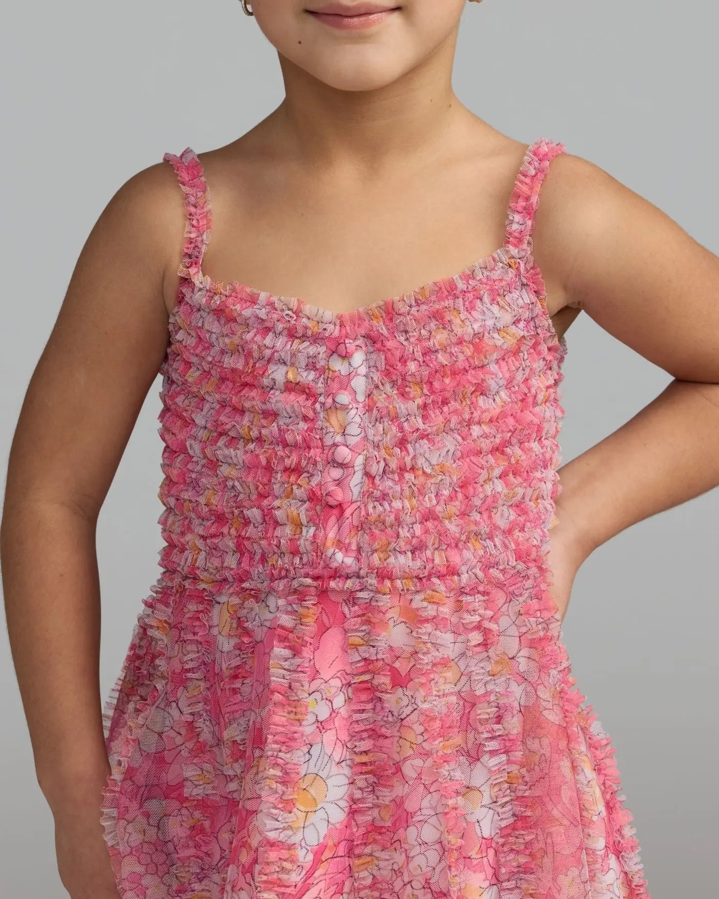 Girls Pink Floral Print Ruffle Mini Dress - Image 2