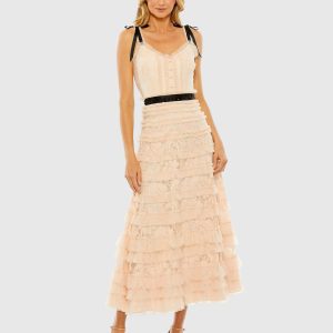 Pink Lace Tiered Midi Dress with Bow Straps
