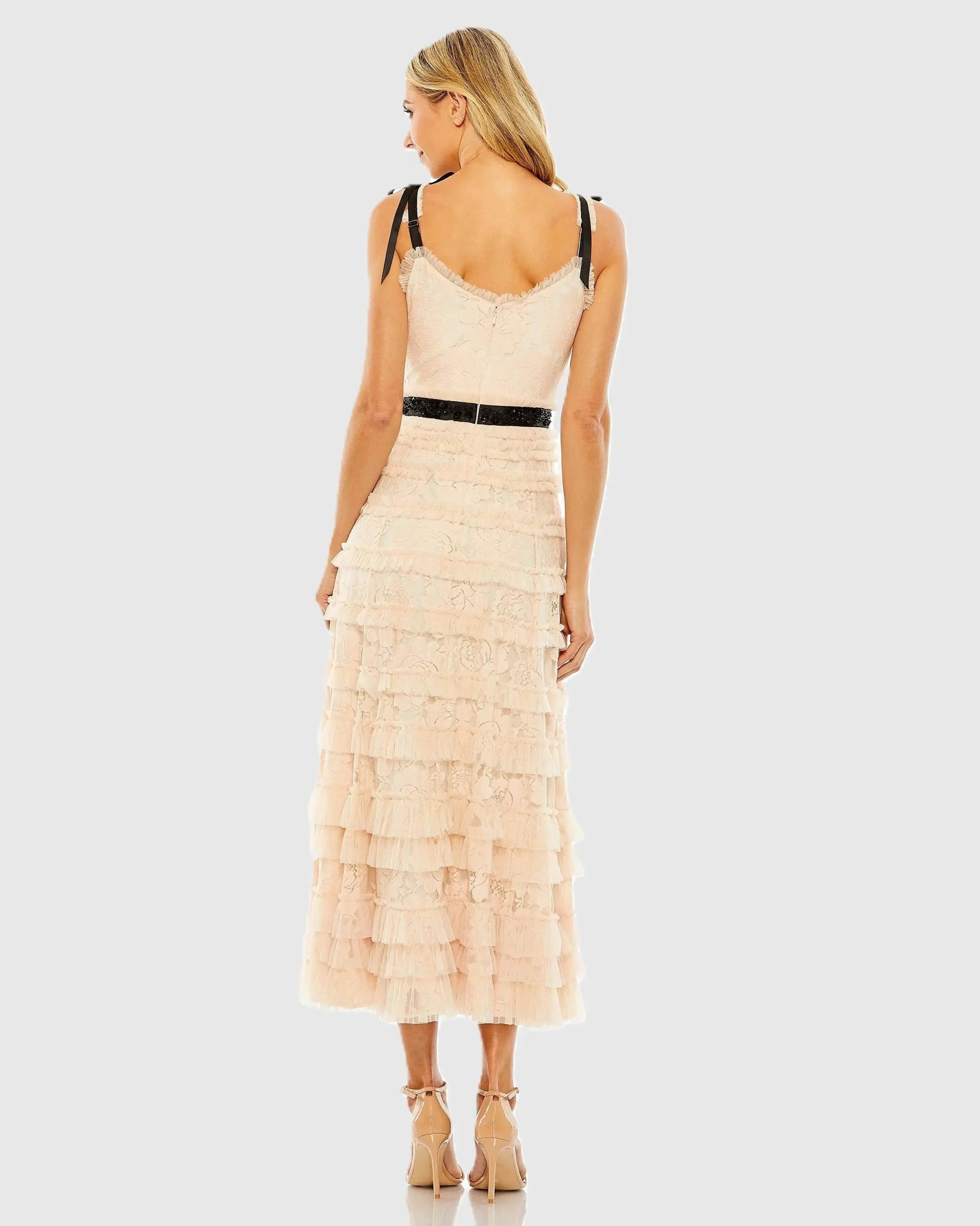 Pink Lace Tiered Midi Dress with Bow Straps - Image 3