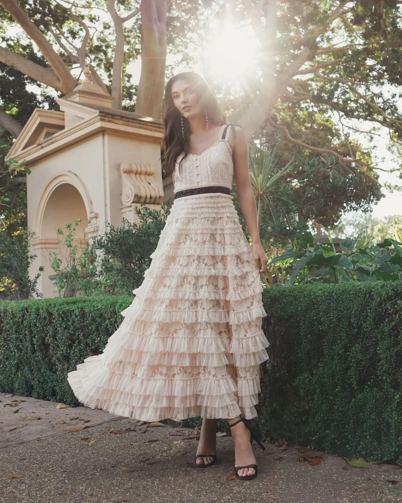 Pink Lace Tiered Midi Dress with Bow Straps - Image 6