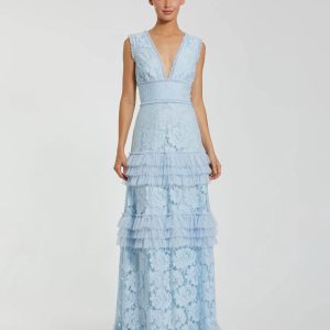 Blue V Neck Lace Tiered Ruffle Gown