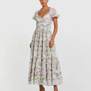 White Floral Ruffle Cotton Midi Dress