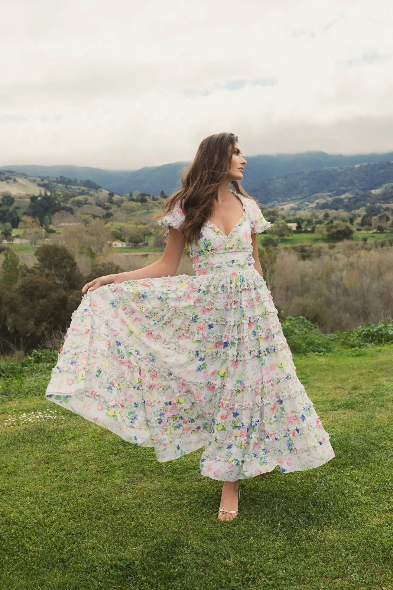 White Floral Ruffle Cotton Midi Dress - Image 4