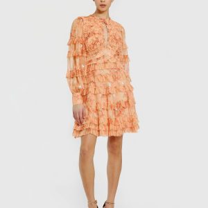 Orange Key Hole Detail Long Sleeve Dress