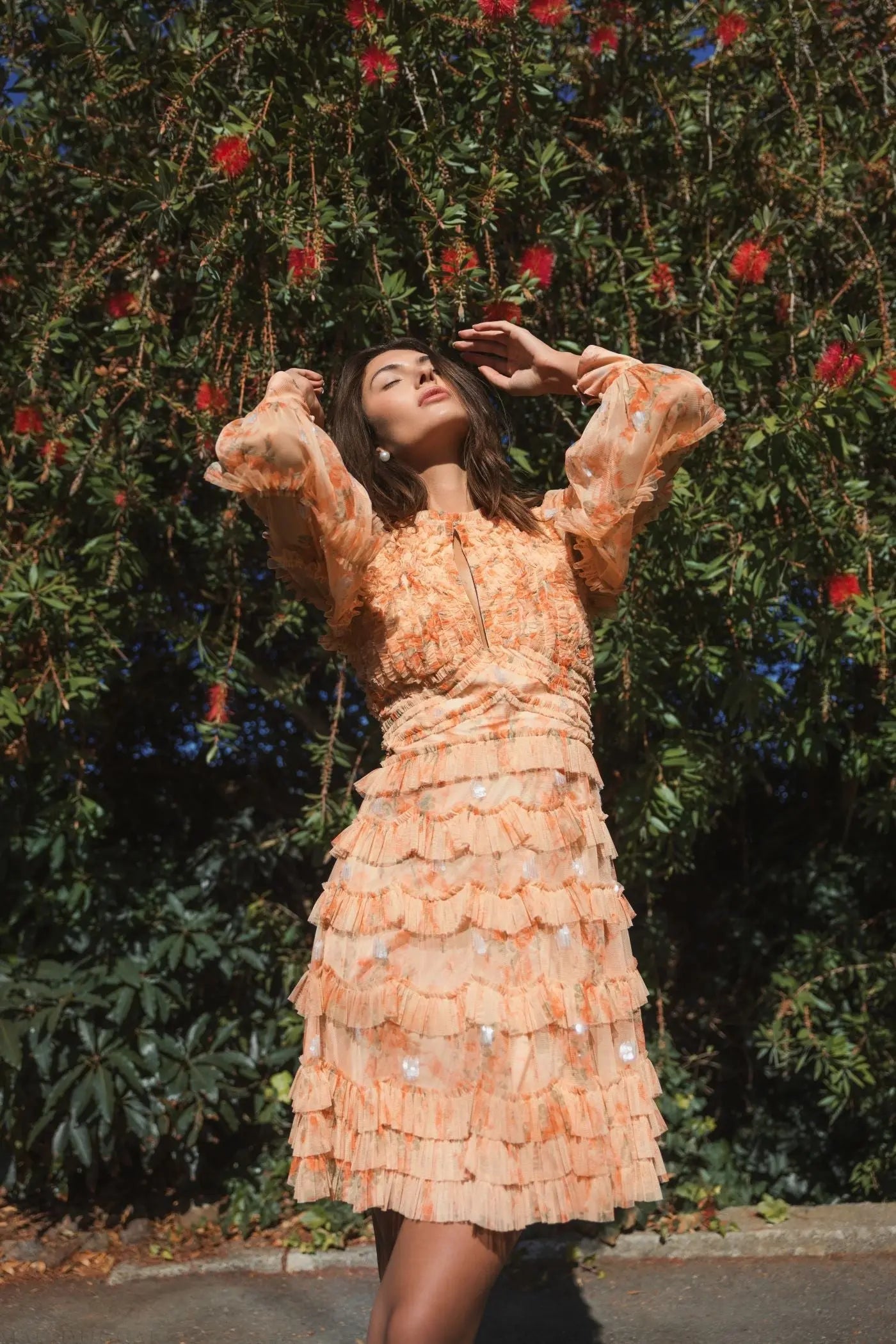 Orange Key Hole Detail Long Sleeve Dress - Image 6