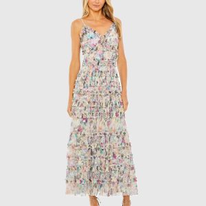 Multicolor Floral Sequined Tiered Ruffle Midi Dress