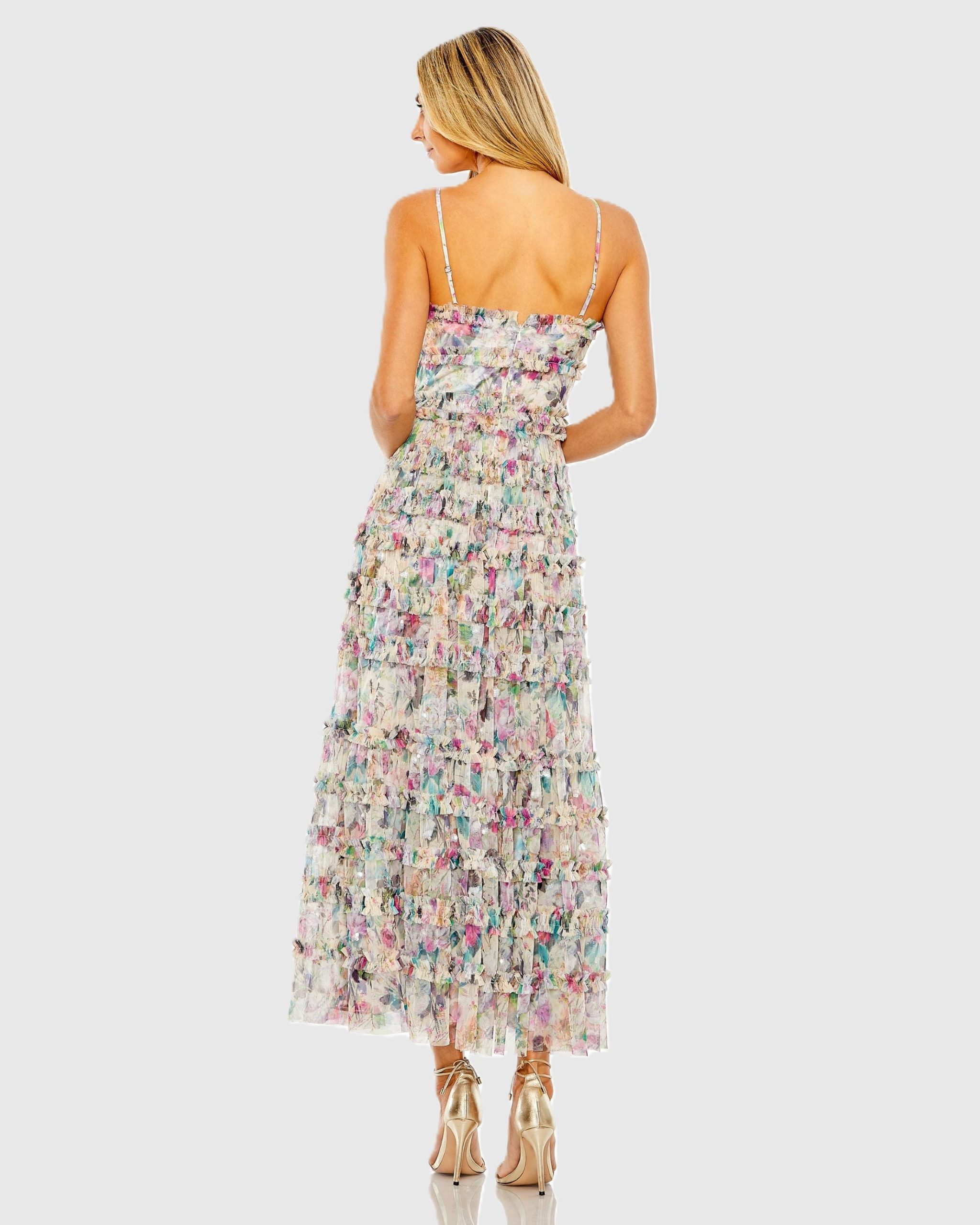 Multicolor Floral Sequined Tiered Ruffle Midi Dress - Image 3