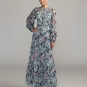 Blue Floral Long Sleeve High Neck Ruffle Maxi Dress