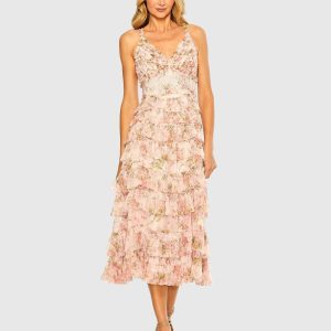 Pink Sleeveless V Neck Floral Mesh Ruffle Midi Dress