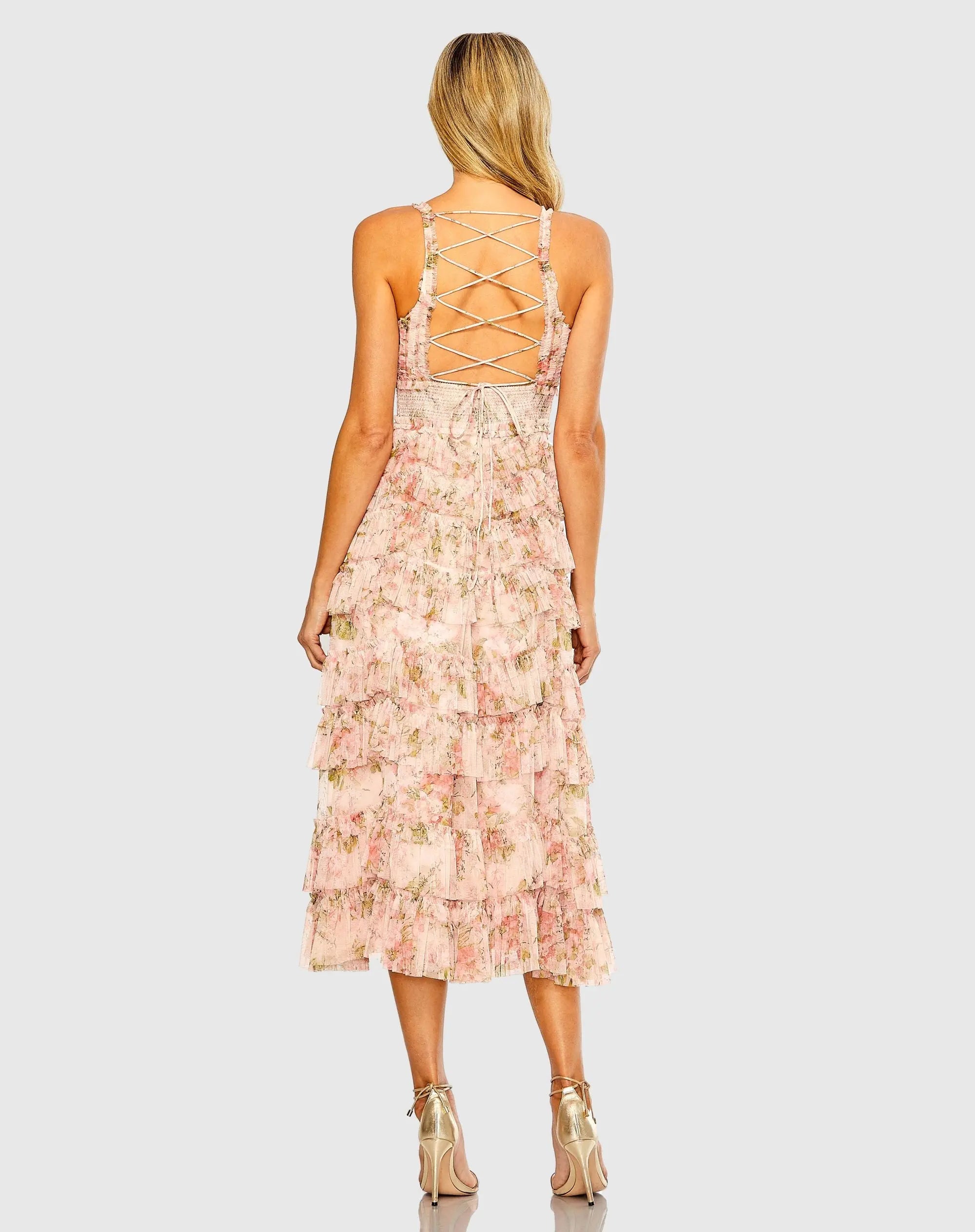 Pink Sleeveless V Neck Floral Mesh Ruffle Midi Dress - Image 3