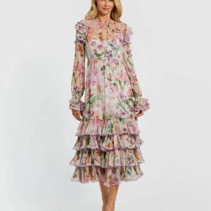 Multicolor Long Sleeve Ruffle Detail Floral Shift Dress