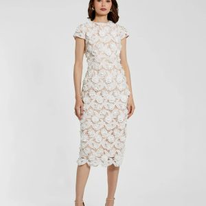 White and Beige Floral Lace Fitted Short Sleeve Midi Dress
