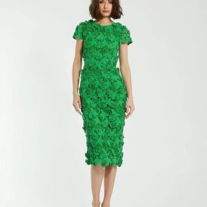 Green Floral Lace Fitted Short Sleeve Midi Dress