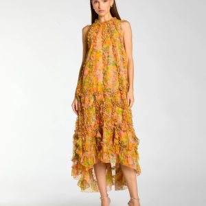 Yellow Sleeveless Floral Micro Ruffle Trapeze Midi Dress