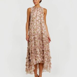 Pink Sleeveless Floral Micro Ruffle Trapeze Midi Dress