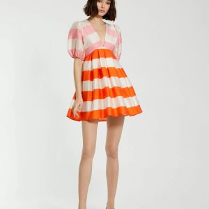 Multicolor Organza Striped Balloon Sleeve Mini Dress