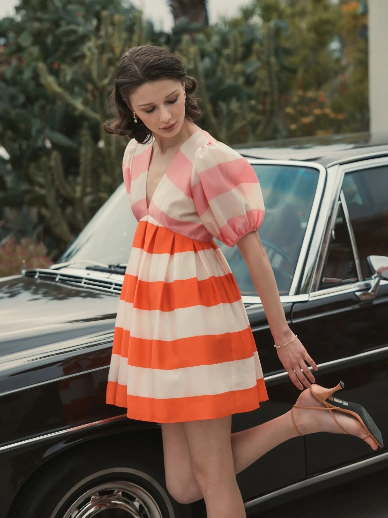 Multicolor Organza Striped Balloon Sleeve Mini Dress - Image 7