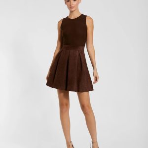 Brown Sleeveless Mesh And Suede A Line Mini Dress