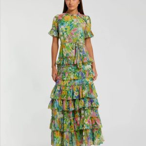 Green Ruffle Tiered Chiffon Floral Dress