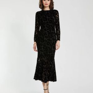 Black Burnout Velvet Long Sleeve Midi Dress