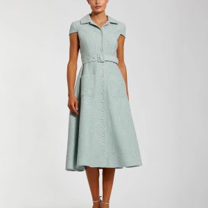 Light Blue Boucle Cap Sleeve Button Up Midi Dress
