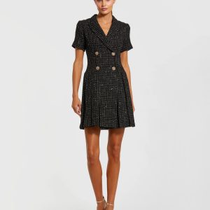 Black Short Sleeve V Neck Tweed Blazer Mini Dress