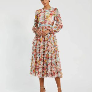 Multicolor Long Sleeve Ruffle Criss Cross Midi Dress