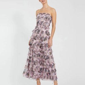 Purple Strapless Floral Micro Ruffle Dress