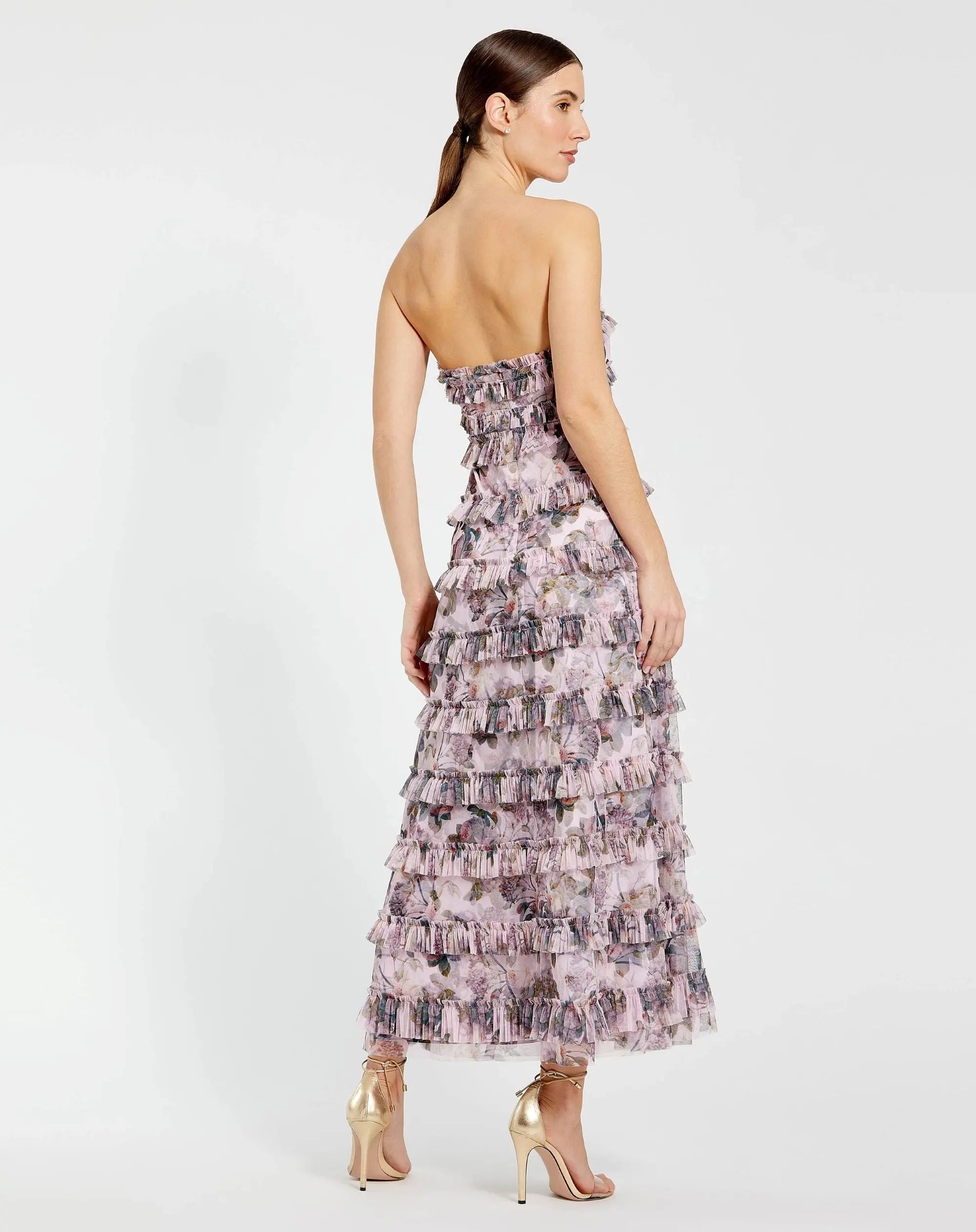 Purple Strapless Floral Micro Ruffle Dress - Image 3