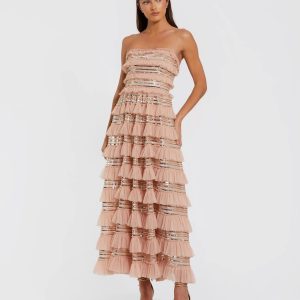 Pink Strapless Sequin Micro Ruffle Maxi Dress