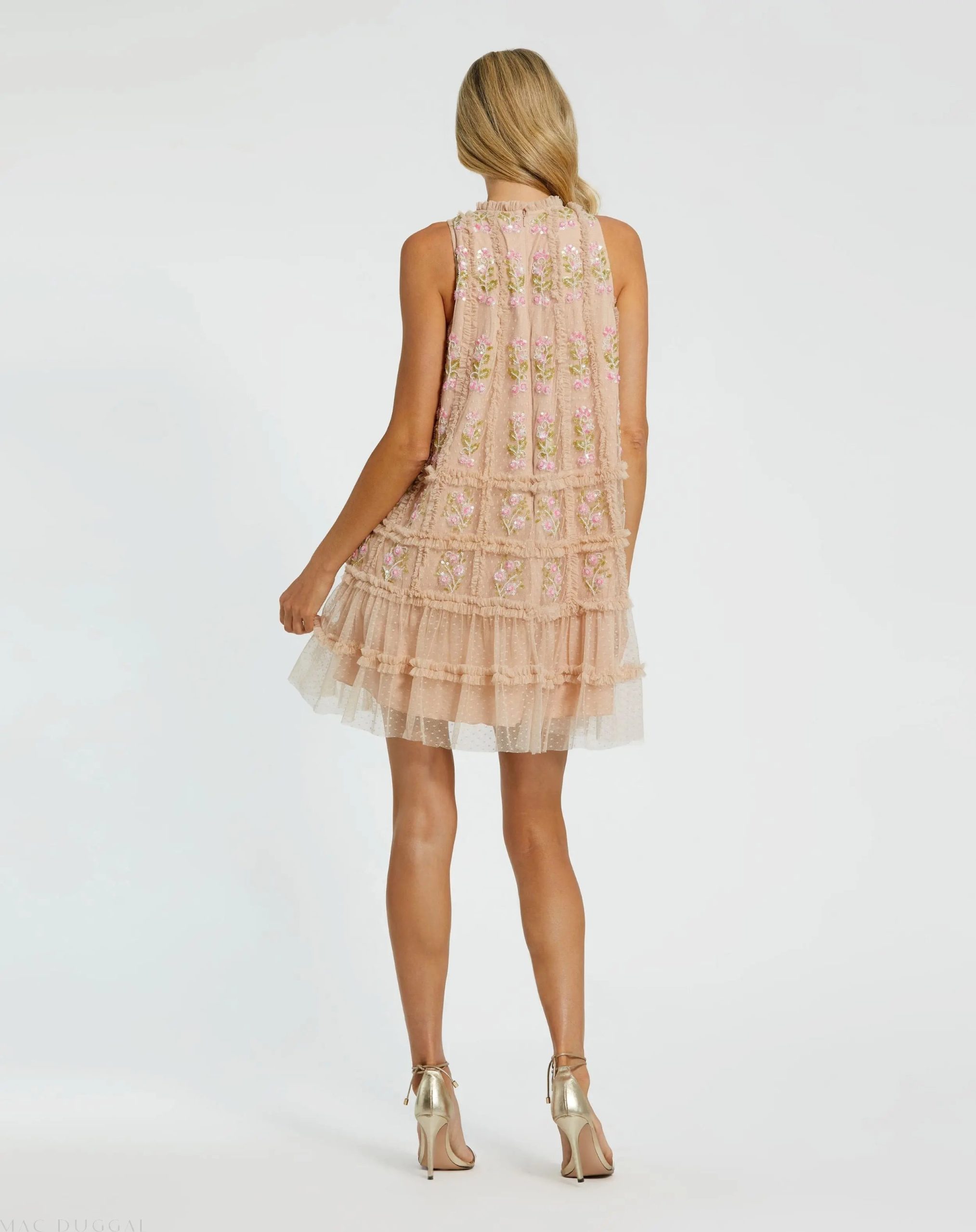 Beige Sleeveless High Neck Beaded Ruffle Mini Dress - Image 3