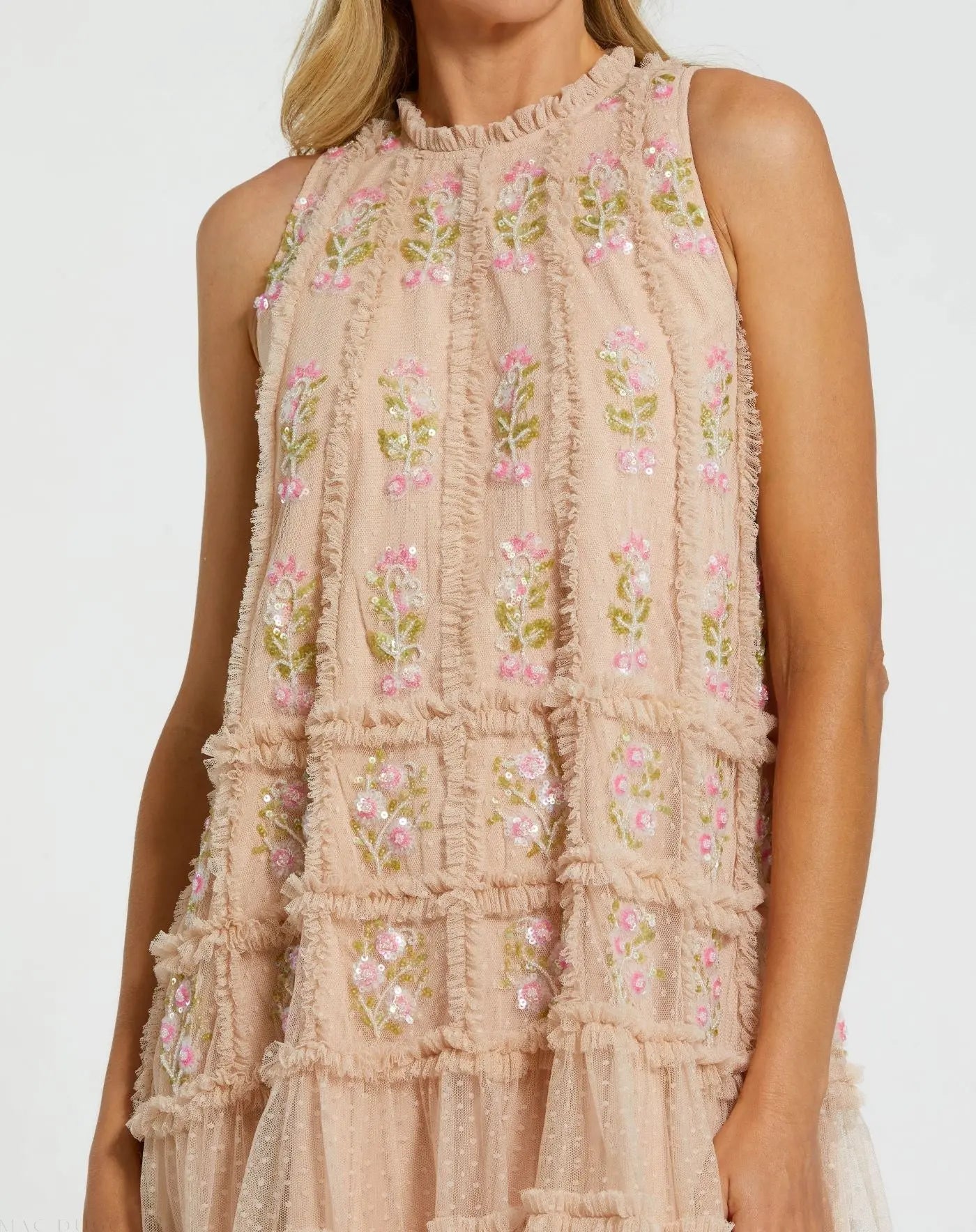 Beige Sleeveless High Neck Beaded Ruffle Mini Dress - Image 2