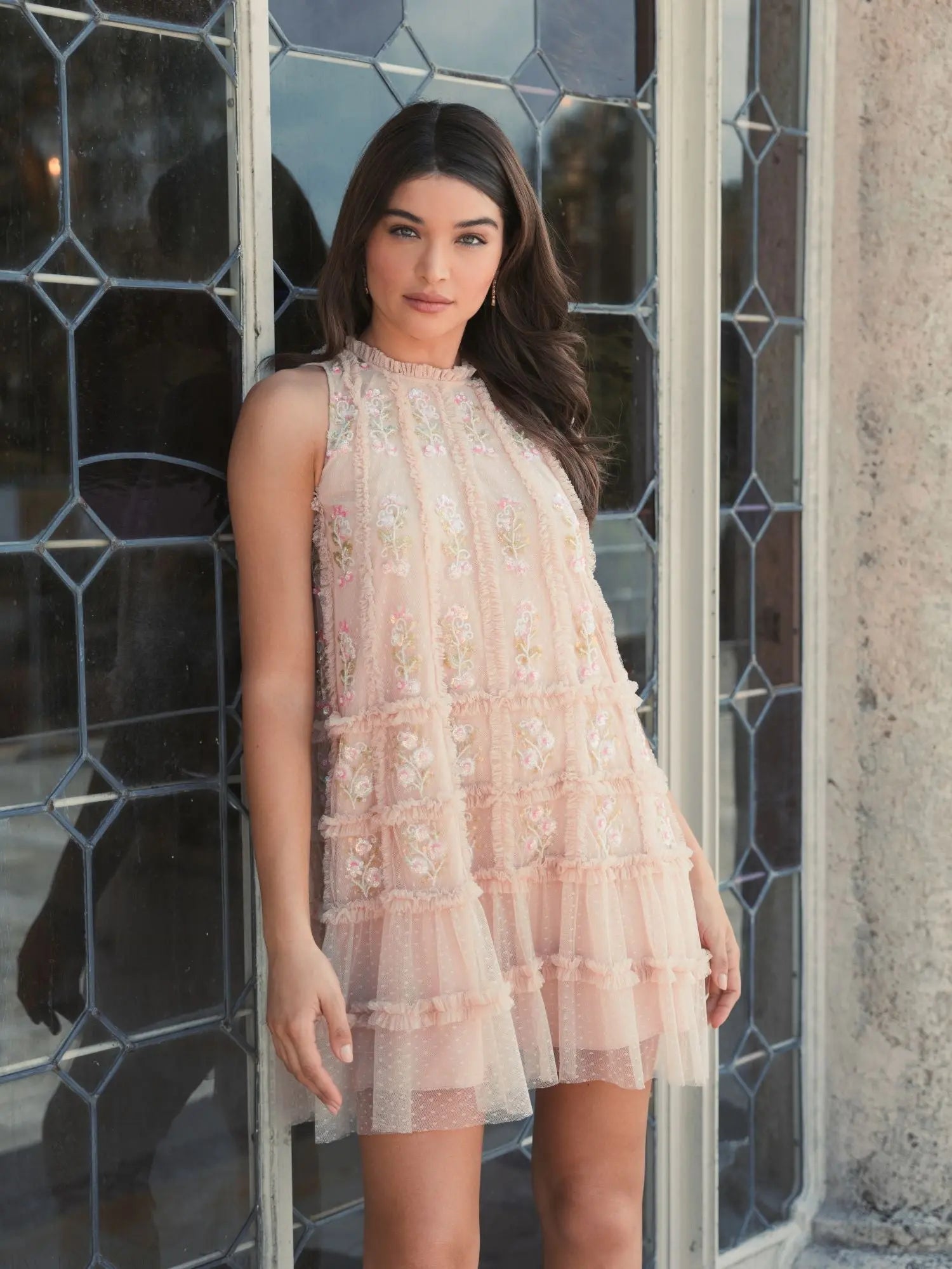 Beige Sleeveless High Neck Beaded Ruffle Mini Dress - Image 5