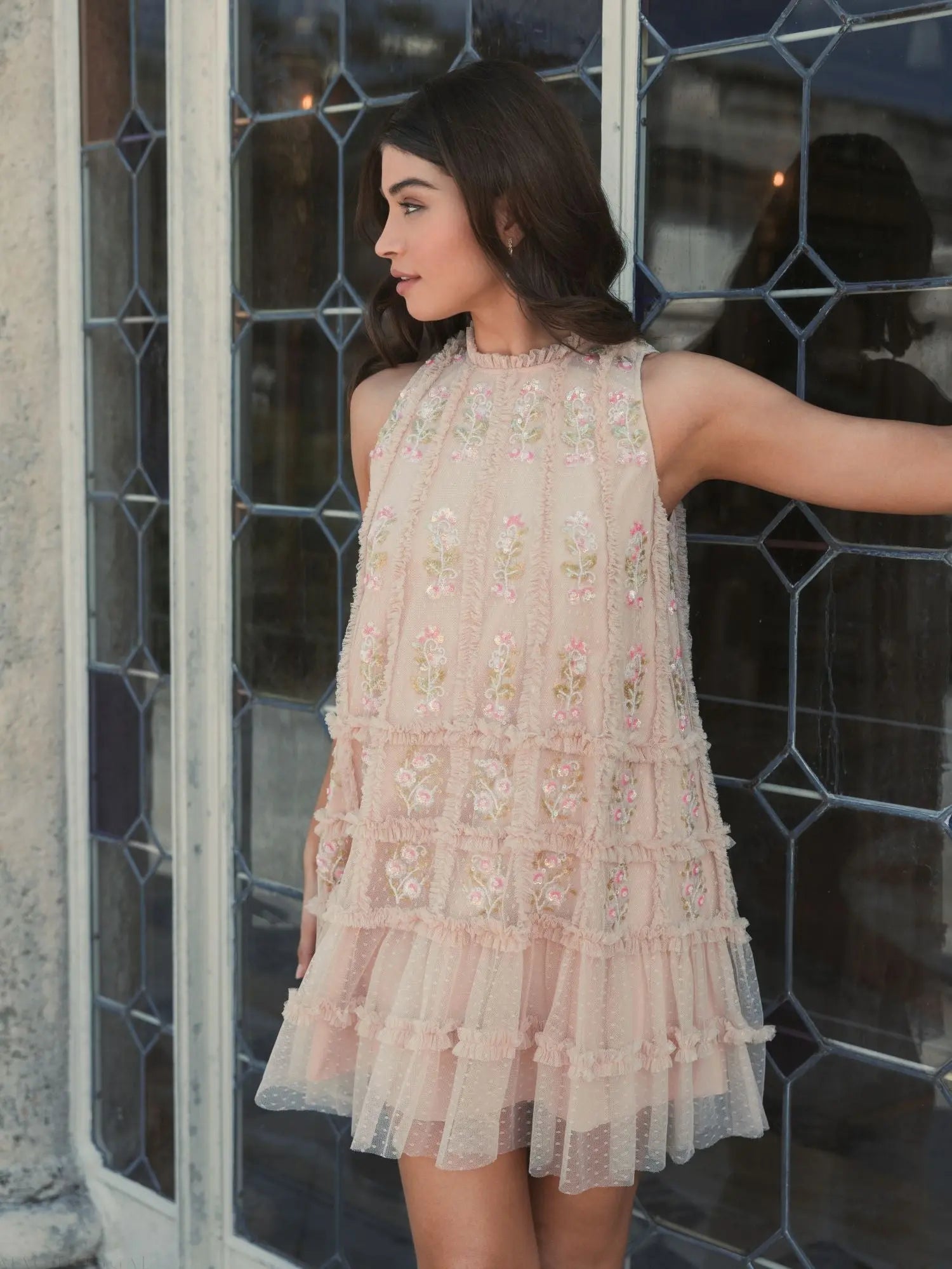 Beige Sleeveless High Neck Beaded Ruffle Mini Dress - Image 7