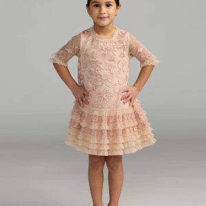 Girls Pink Micro Ruffle Embroidered Mini Dress