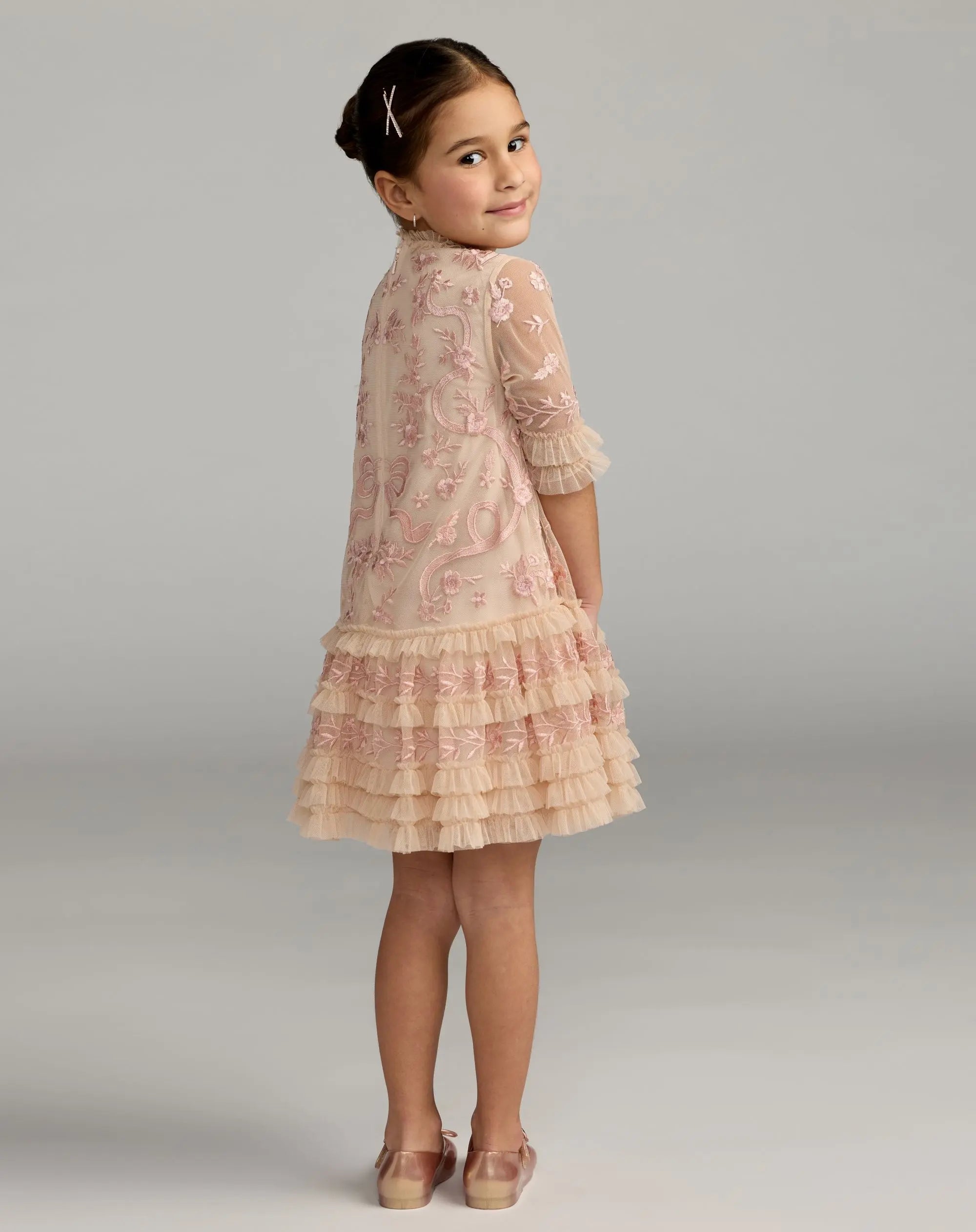 Girls Pink Micro Ruffle Embroidered Mini Dress - Image 3