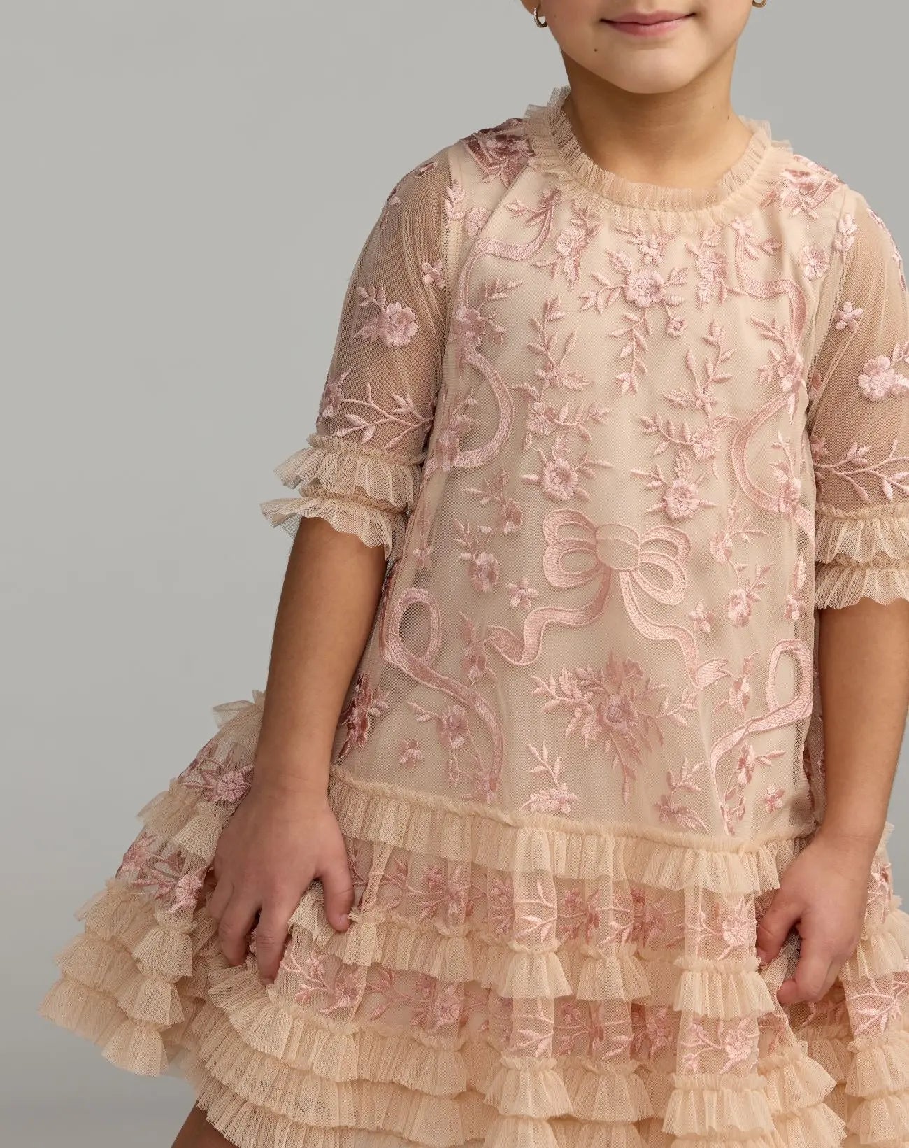 Girls Pink Micro Ruffle Embroidered Mini Dress - Image 2