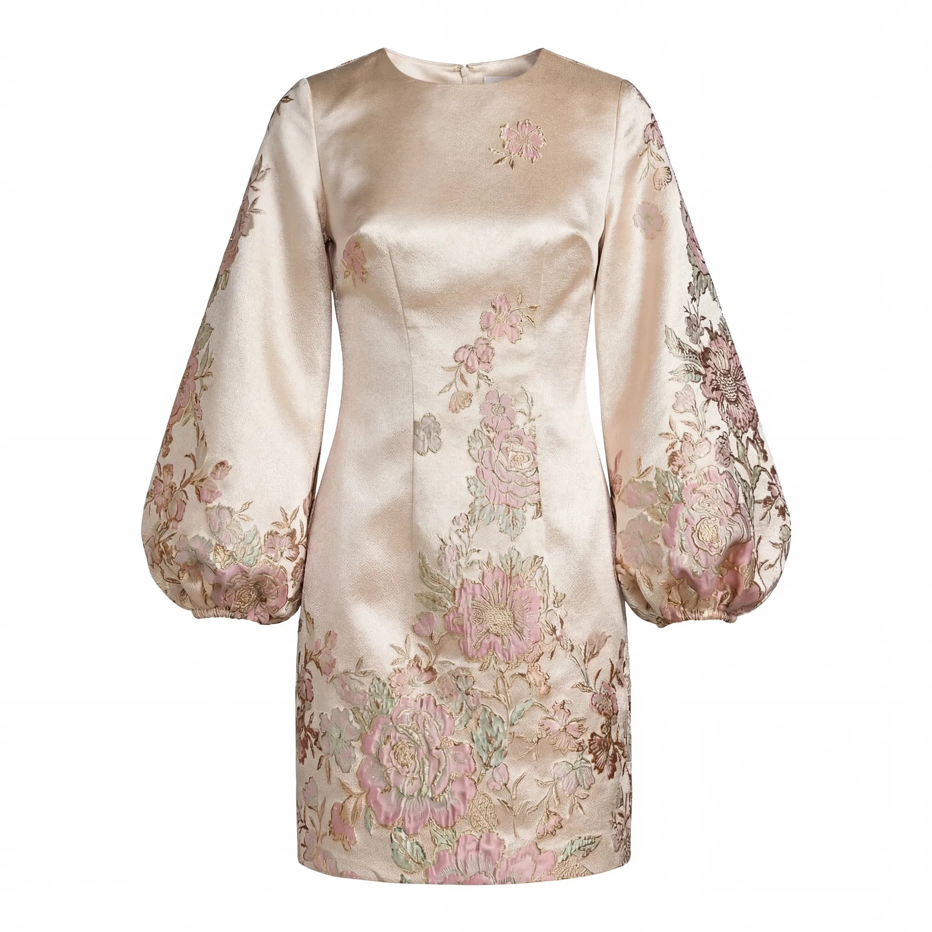 Ivory Brocade High Neck Long Sleeve Mini Dress - Image 7