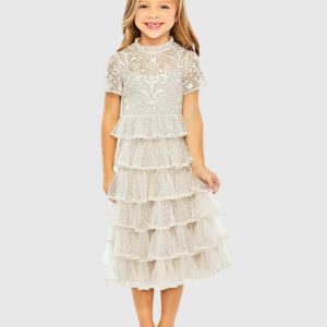 Girls White High Neck Embroidered Short Sleeve Dress