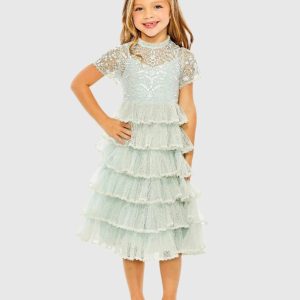 Blue Girls High Neck Embroidered Short Sleeve Dress