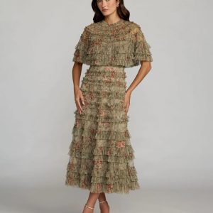Green Floral Ruffle Midi Dress With Cape