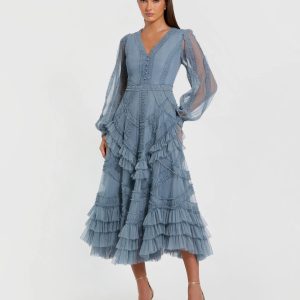 Blue Long Sleeve V-Neck Micro Ruffle Midi Dress