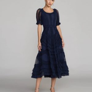 Navy Short Sleeve Micro Ruffle Midi Dress