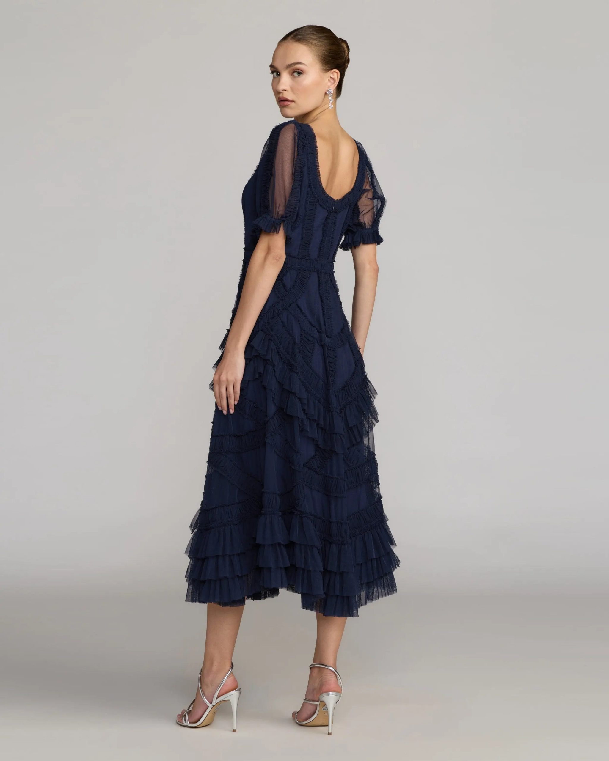 Navy Short Sleeve Micro Ruffle Midi Dress - Image 3